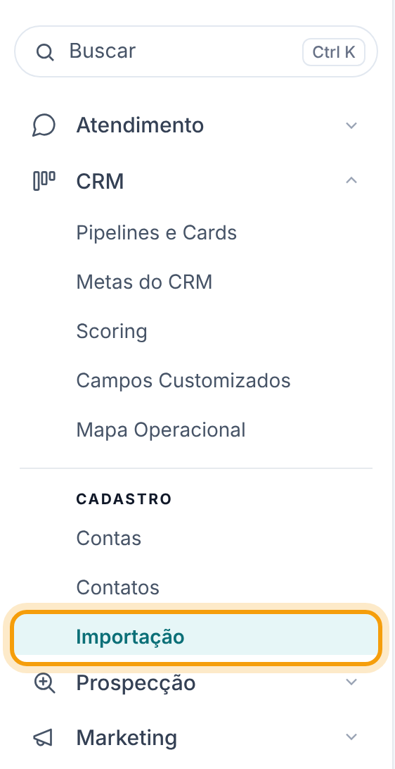 Menu lateral com o grupo CRM aberto e o item destacado