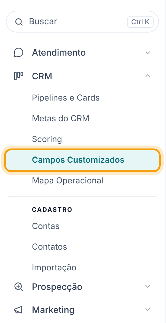 Menu lateral com o grupo CRM aberto e o item destacado