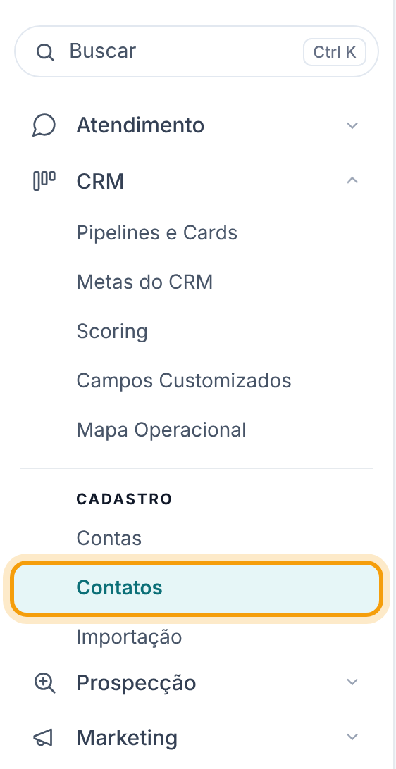 Menu lateral com o grupo CRM aberto e o item Contatos destacado