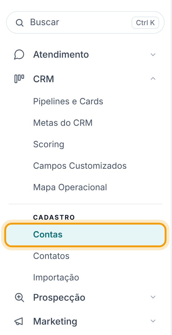Menu lateral com o grupo CRM aberto e o item destacado