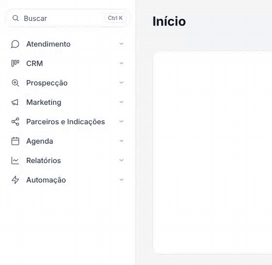 Menu lateral com o grupo CRM aberto e o item destacado