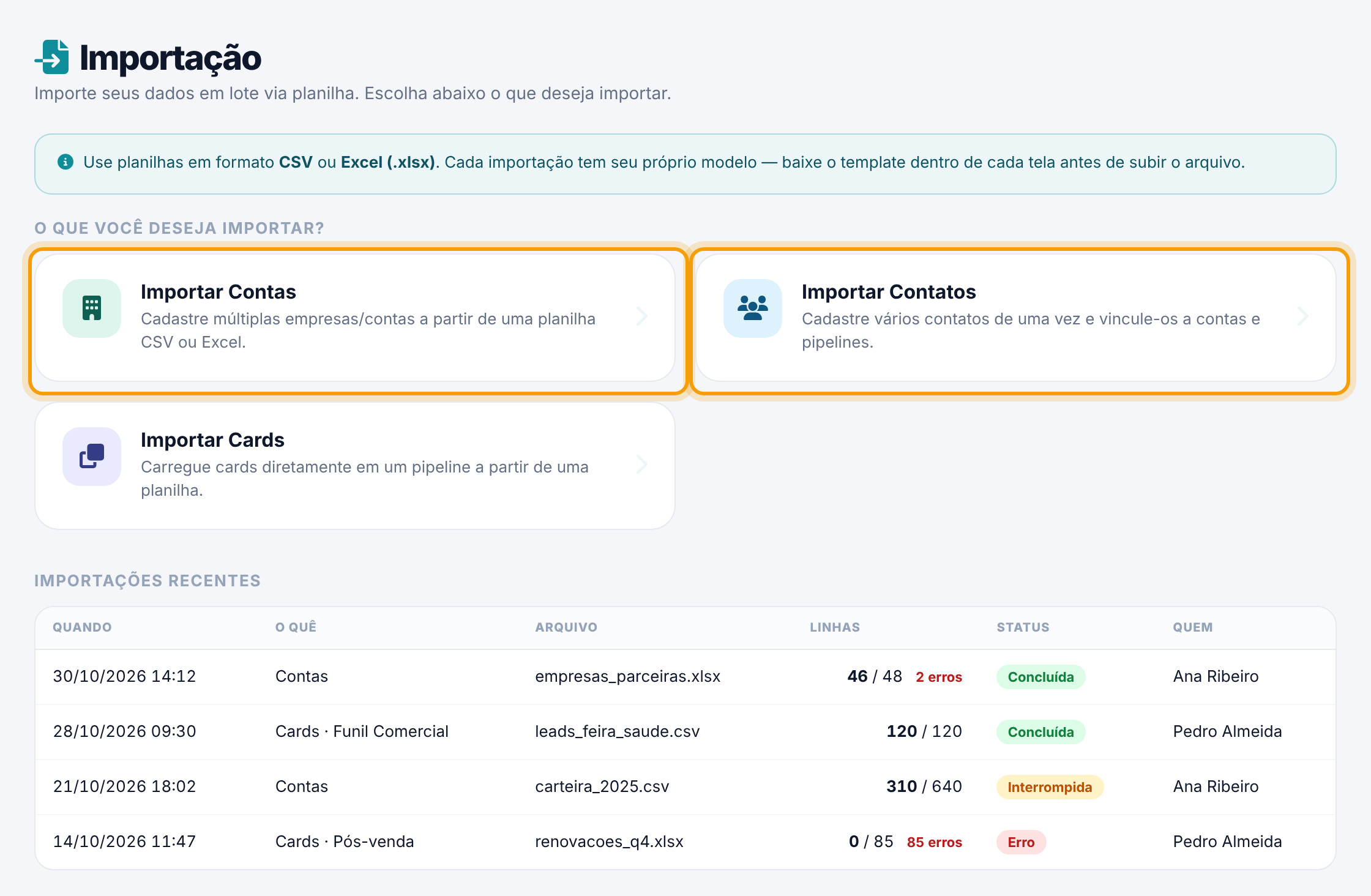 Tela Importação com os cartões Importar Contas, Importar Contatos e Importar Cards e, abaixo, a tabela Importações recentes