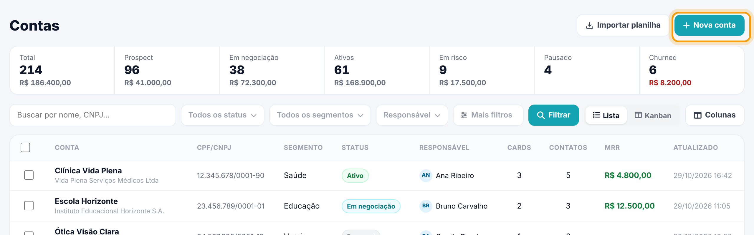Tela Contas com a faixa de status, os filtros e a lista; o botão Nova conta está destacado