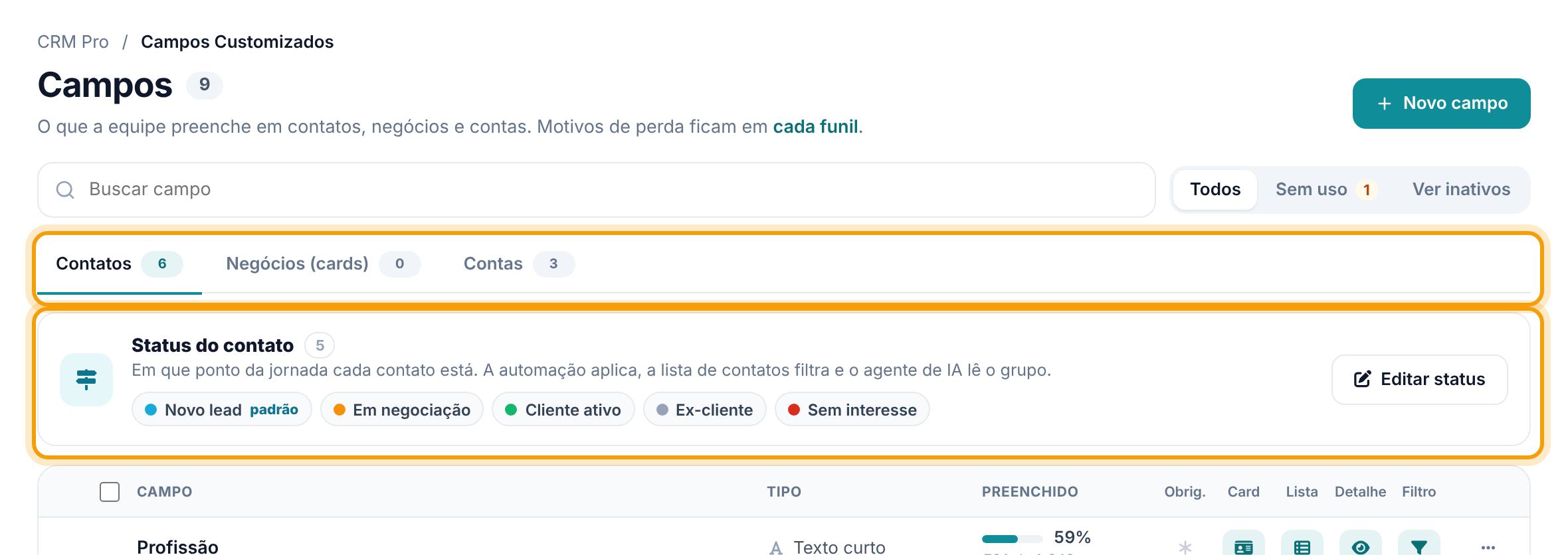 Tela Campos com as abas Contatos, Negócios (cards) e Contas destacadas e, logo abaixo, o cartão Status do contato com os status coloridos e o botão Editar status