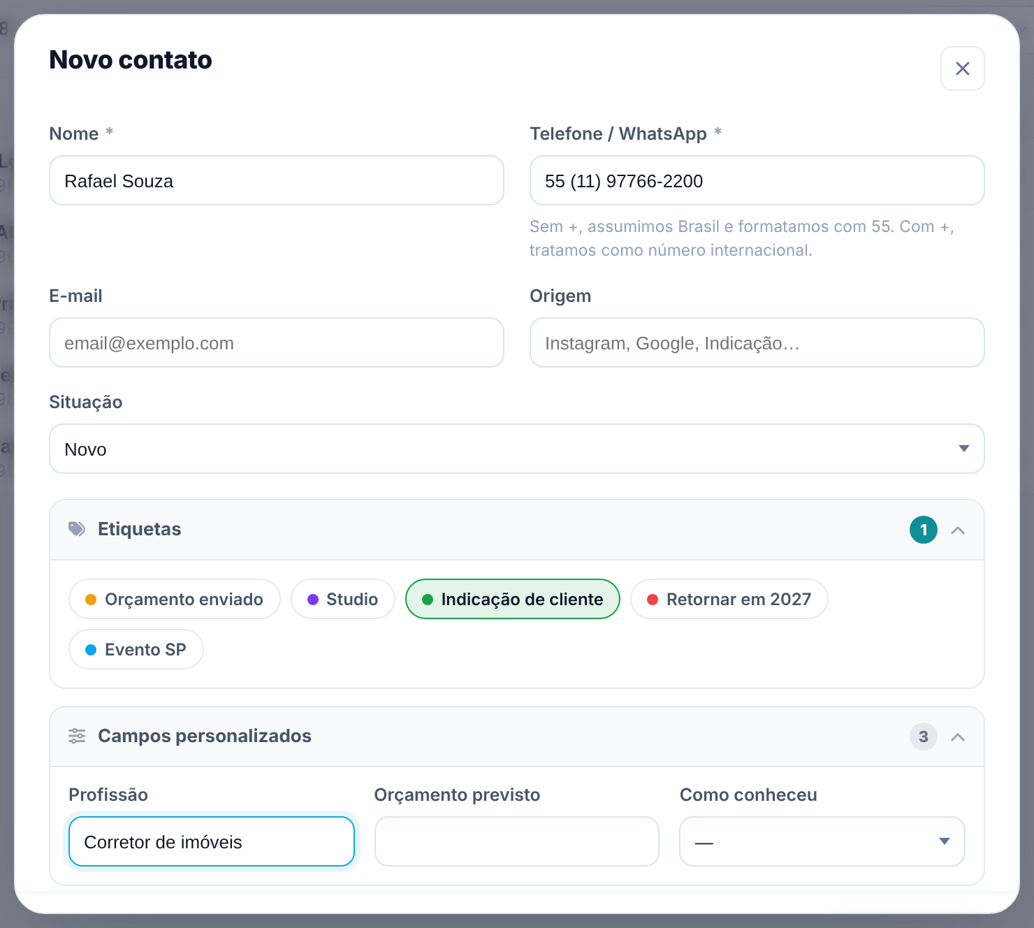 Janela Novo contato com as faixas Etiquetas e Campos personalizados abertas; etiqueta Indicação de cliente marcada e campo Profissão preenchido