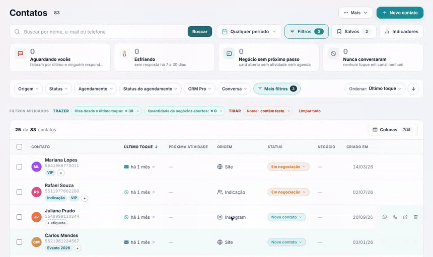 Animação: abre Salvos, clica em Salvar filtro atual, digita o nome, marca Compartilhar com a equipe, salva e o filtro aparece na lista de Salvos com o selo equipe