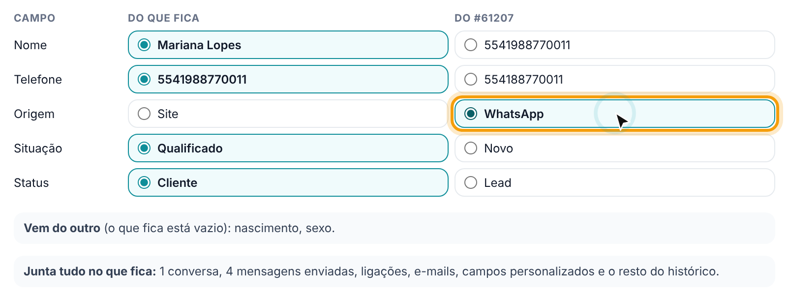 Tabela de campos com a origem WhatsApp escolhida do outro cadastro