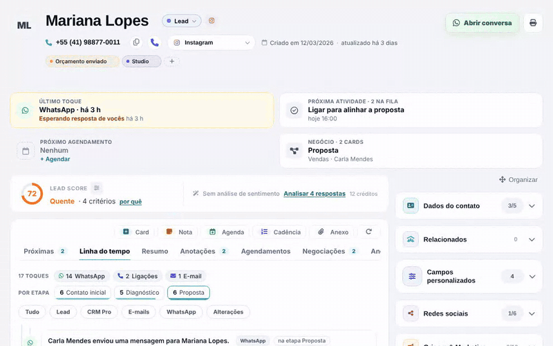 Animação: filtro WhatsApp aplicado na linha do tempo, volta para Tudo, depois abas Anotações, Negociações e Próximas
