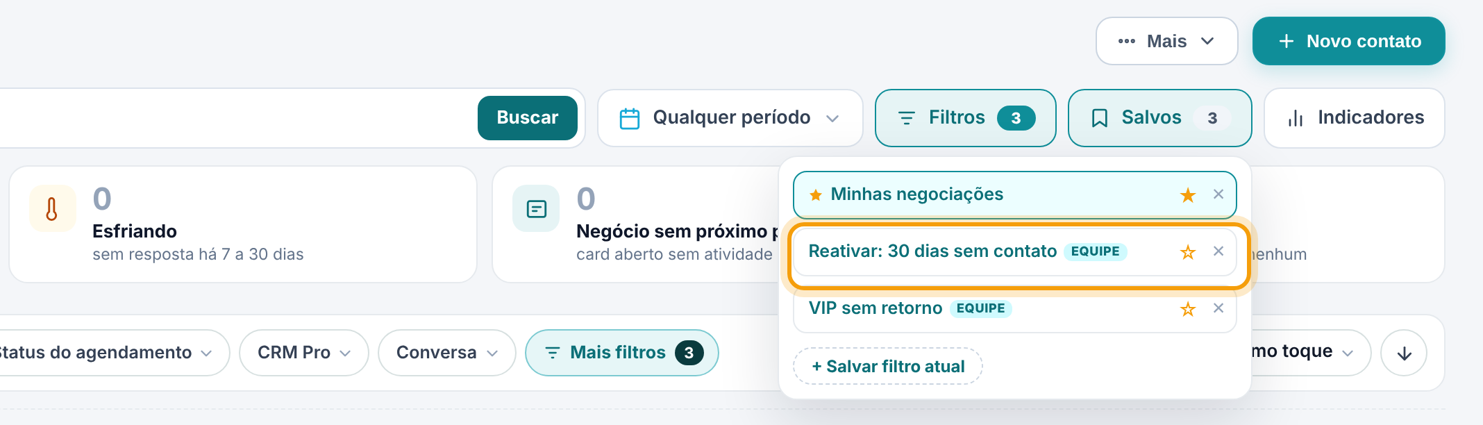 Lista Salvos aberta com Minhas negociações marcado como padrão, o filtro novo Reativar 30 dias sem contato com o selo equipe e VIP sem retorno