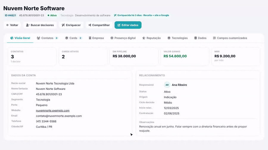 Animação: na aba Contatos, Adicionar contato, busca por Ren e clique em Renata Alves, que aparece na lista da conta
