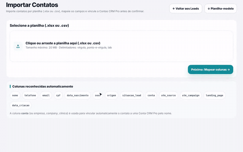 Animação: a planilha é escolhida, a coluna Cliente desde é trocada de Nome completo para Data de Criação, o preview é revisado e a importação corre até o resumo final