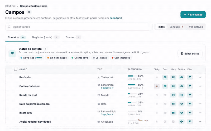 Animação: no painel Status do contato, o novo status Aguardando retorno é digitado, recebe o grupo Lead e a cor laranja, é adicionado e depois marcado como padrão pela estrela