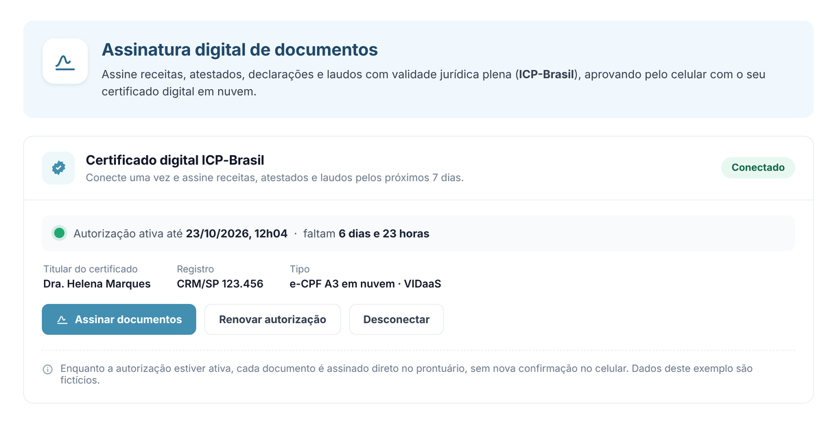 Tela de assinatura digital e status de conexão do VIDaaS no Márcia Health.